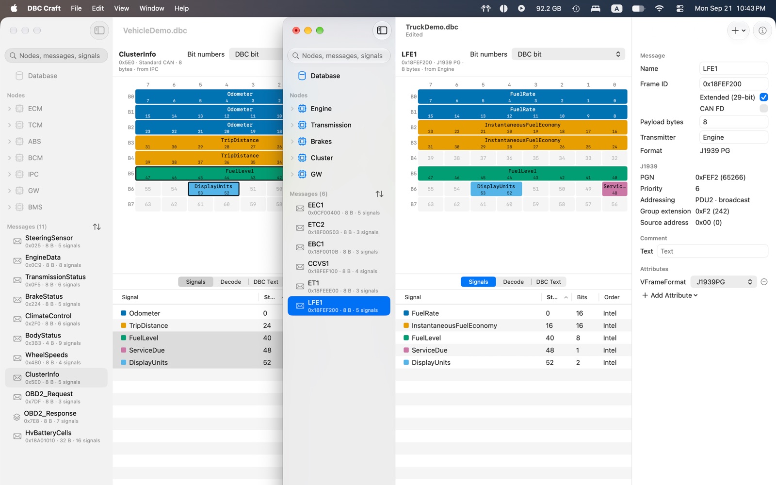 A car database and a truck database side by side, with three signals copied from the car's ClusterInfo message and pasted into free bits of the truck's LFE1 message