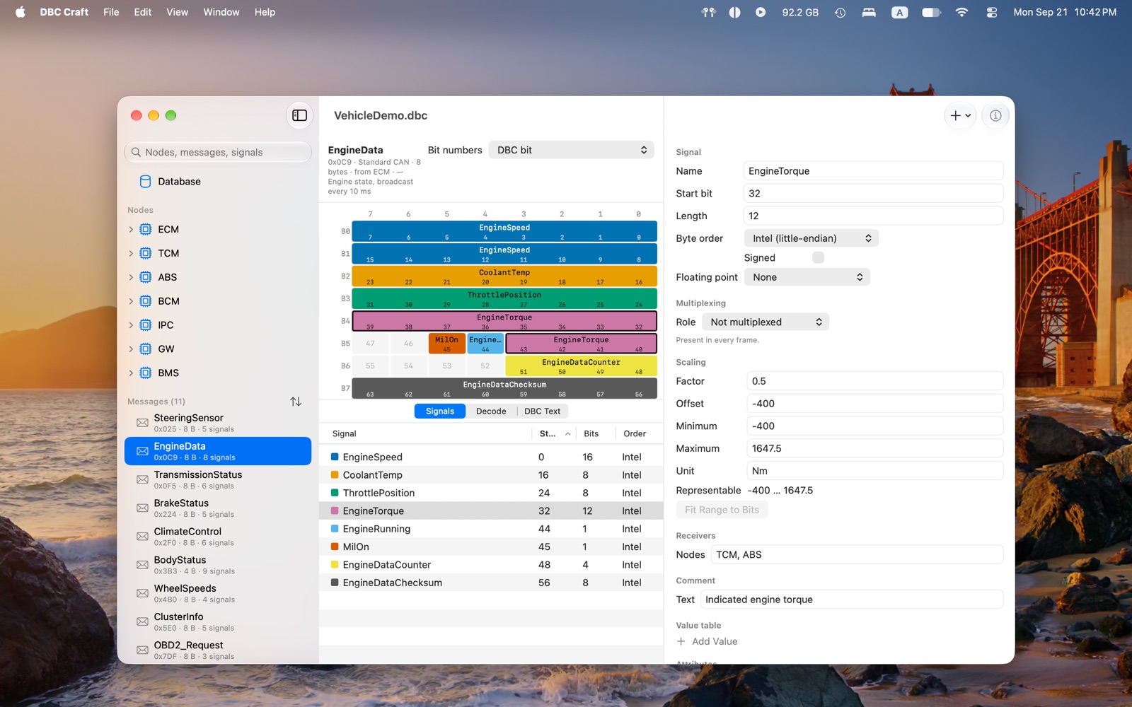 DBC Craft document window with the node and message sidebar, the colour-coded bit grid of a message, its signal table and the signal inspector